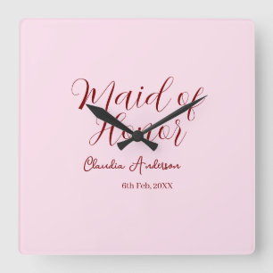 Reloj Cuadrado Dama de honor malva nombre fecha rosa pastel novia