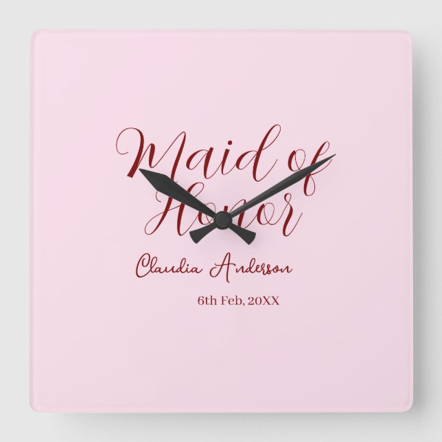 Reloj Cuadrado Dama de honor malva nombre fecha rosa pastel novia (Anverso)