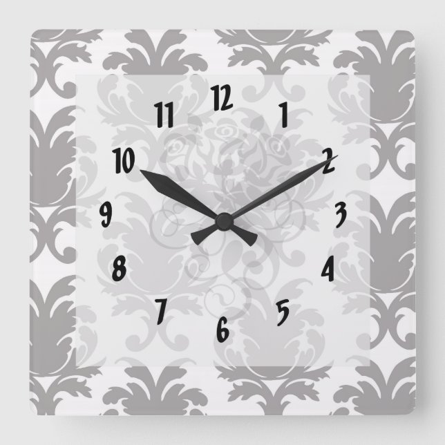 Reloj Cuadrado damasco barroco blanco gris (Anverso)