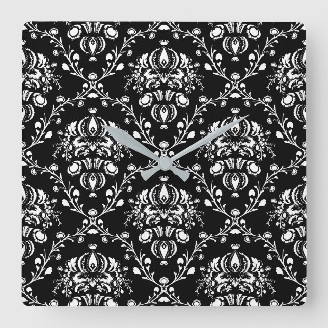 Reloj Cuadrado Damasco blanco y negro (Anverso)