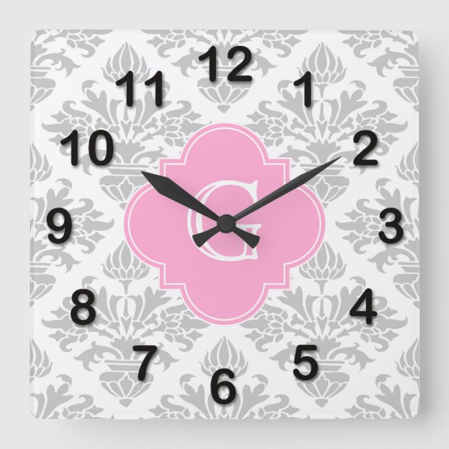 Reloj Cuadrado Damasco Floral Blanco Gris Lg #3 Monograma Rosa (Anverso)