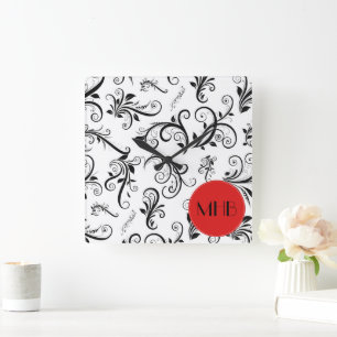 Reloj Cuadrado Damask Pattern, Black and White Damask, Monogram