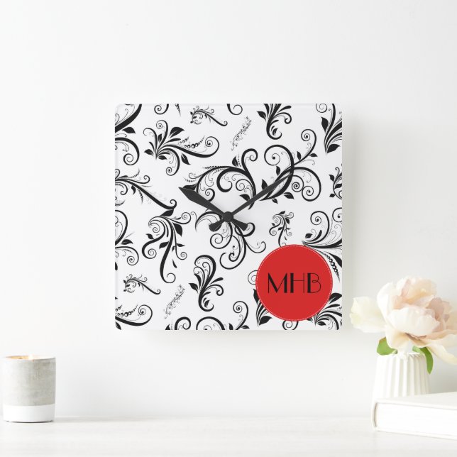 Reloj Cuadrado Damask Pattern, Black and White Damask, Monogram (Hogar)