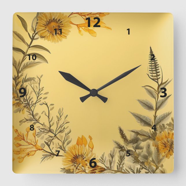 Reloj Cuadrado Dandelions amarillos Ferns Green Country (Anverso)