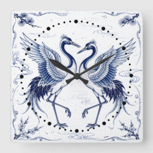 Reloj Cuadrado Danza de grullas Estilo Imari japonés azul y blanc