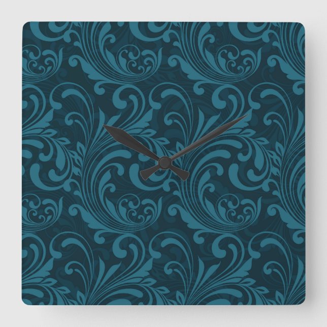Reloj Cuadrado Dark teal floral damask pattern (Anverso)