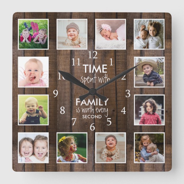 Reloj Cuadrado Dark Wood 12 Photo Template Time Family Quote (Anverso)