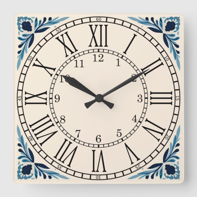 Reloj cuadrado de azulejo azul de Portugal (Anverso)