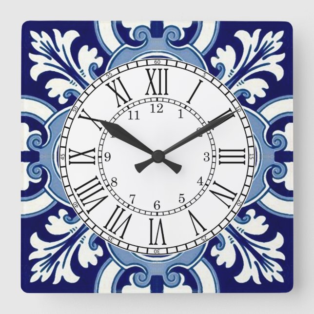 Reloj cuadrado de azulejo azul de Portugal (Anverso)