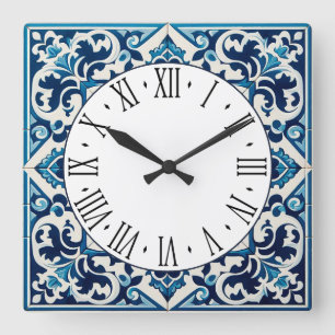 Reloj cuadrado de azulejo azul de Portugal