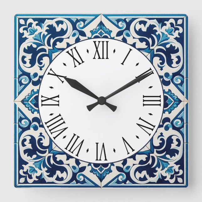 Reloj cuadrado de azulejo azul de Portugal (Anverso)
