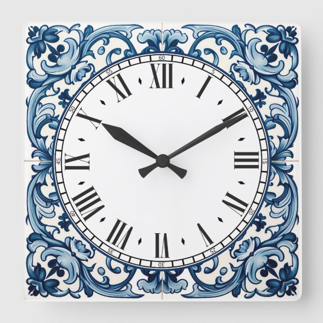 Reloj cuadrado de azulejo azul de Portugal (Anverso)