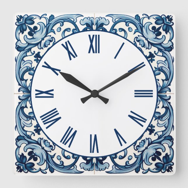Reloj cuadrado de azulejo azul de Portugal (Anverso)