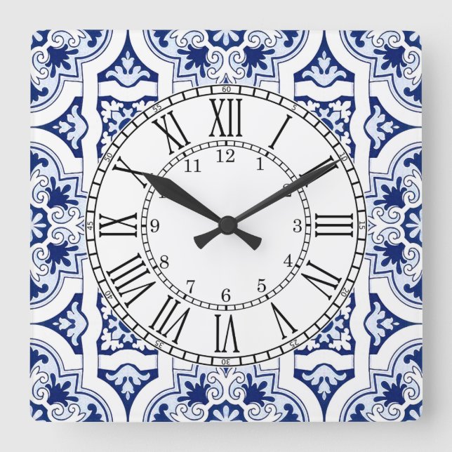 Reloj cuadrado de azulejo azul de Portugal (Anverso)