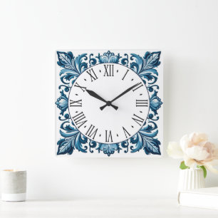 Reloj cuadrado de azulejo azul de Portugal