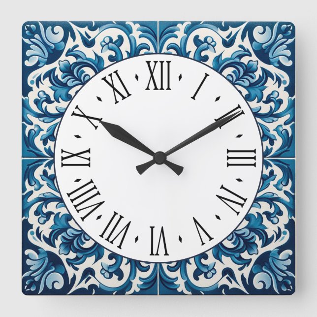 Reloj cuadrado de azulejo azul de Portugal (Anverso)