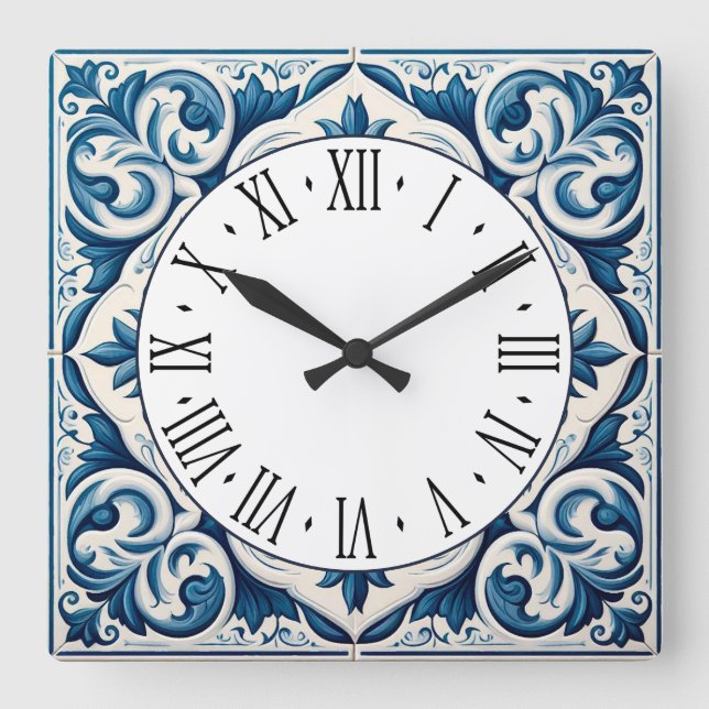 Reloj cuadrado de azulejo azul de Portugal (Anverso)