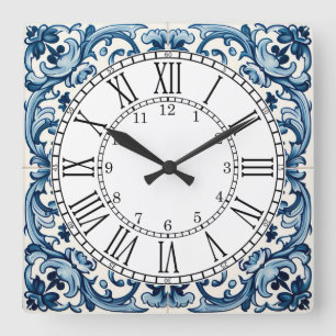 Reloj cuadrado de azulejo azul de Portugal