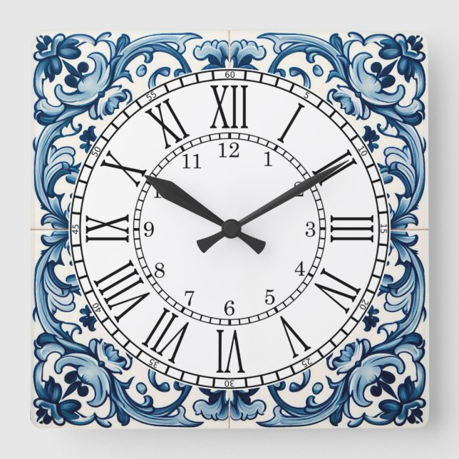 Reloj cuadrado de azulejo azul de Portugal (Anverso)