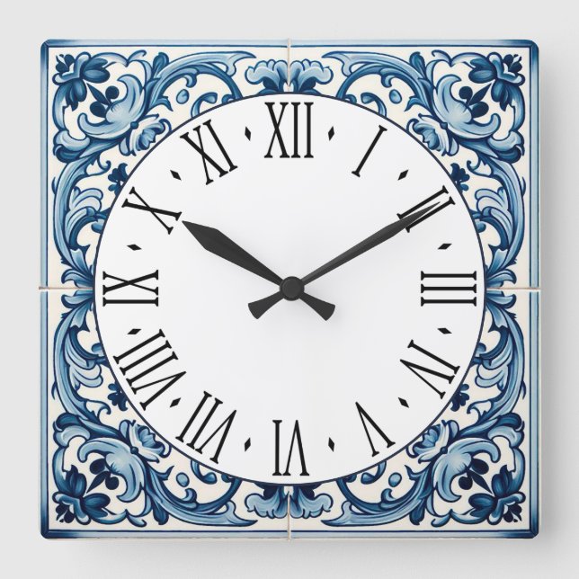 Reloj cuadrado de azulejo azul de Portugal (Anverso)