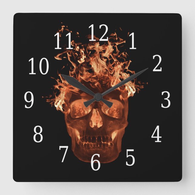 Reloj cuadrado de cráneo de naranja con llamas (Anverso)