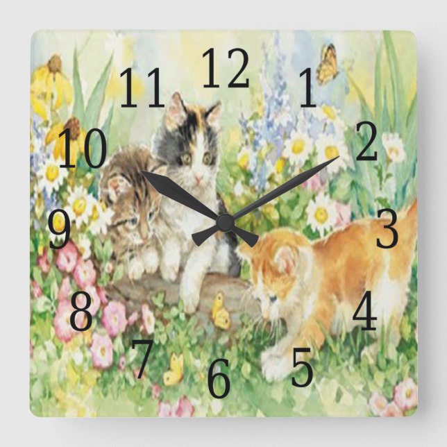 Reloj Cuadrado de Gatitos Cubiertos (Anverso)