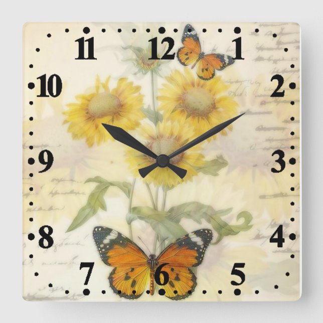 Reloj cuadrado de girasoles y mariposa (Anverso)