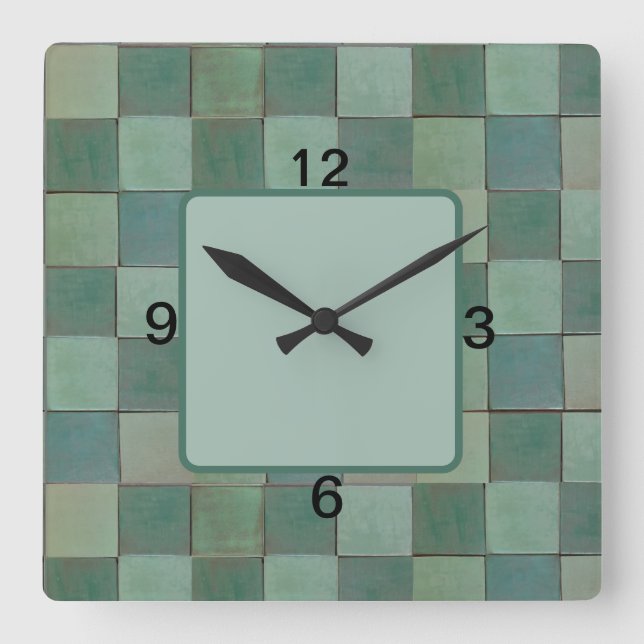 Reloj cuadrado de pared con mosaico verde (Anverso)