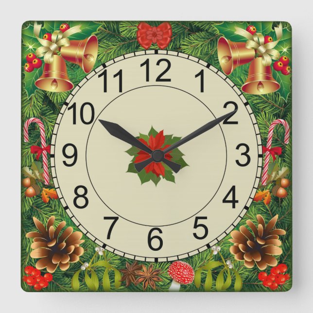 Reloj cuadrado de pared con motivo de Navidad (Anverso)