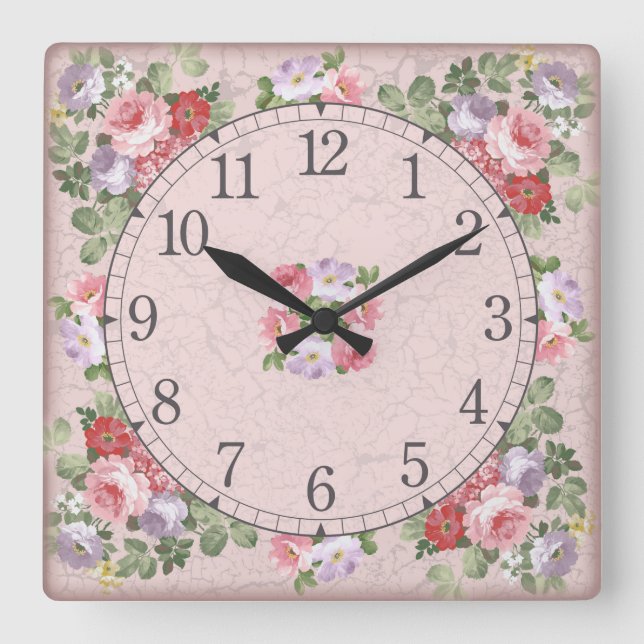 Reloj cuadrado de pared - diseño floral (Anverso)