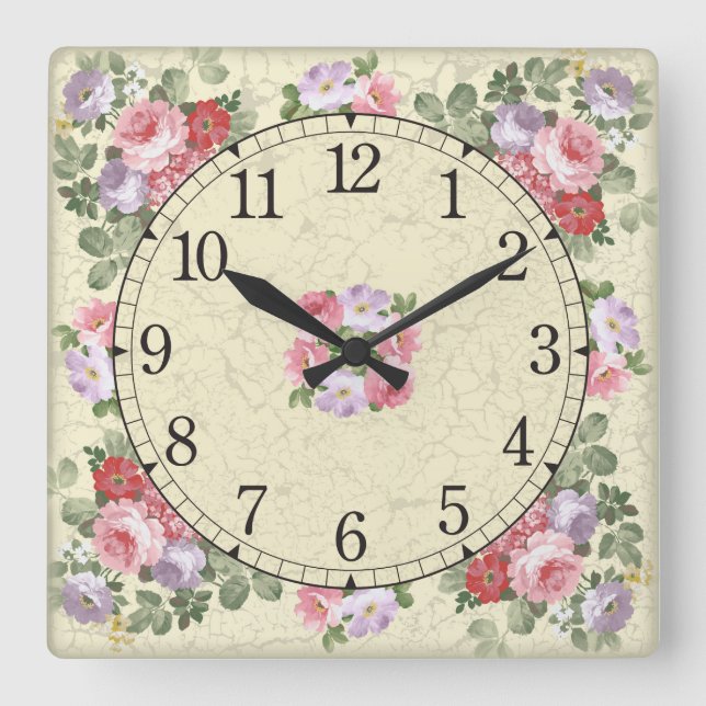 Reloj cuadrado de pared - diseño floral (Anverso)