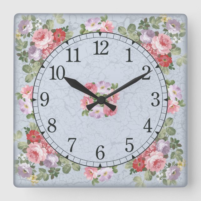 Reloj cuadrado de pared - diseño floral (Anverso)