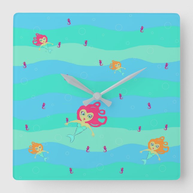 Reloj cuadrado de sirenas y caballitos de mar (Anverso)