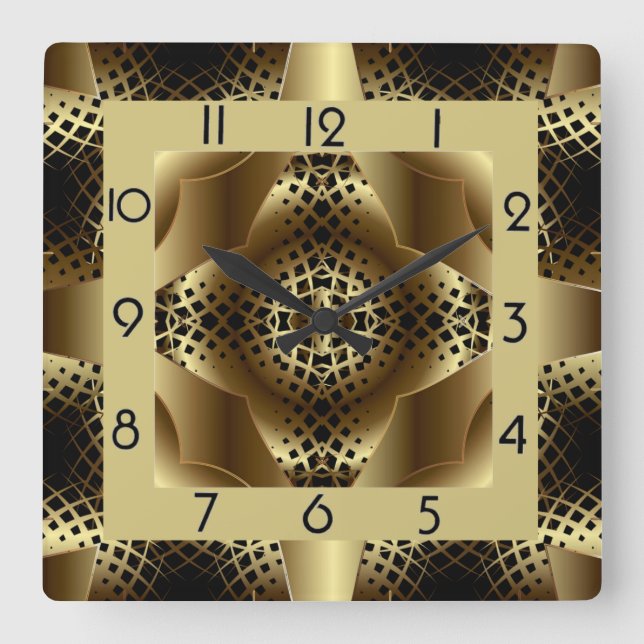 Reloj Cuadrado Deco de arte dorado elegante (Anverso)