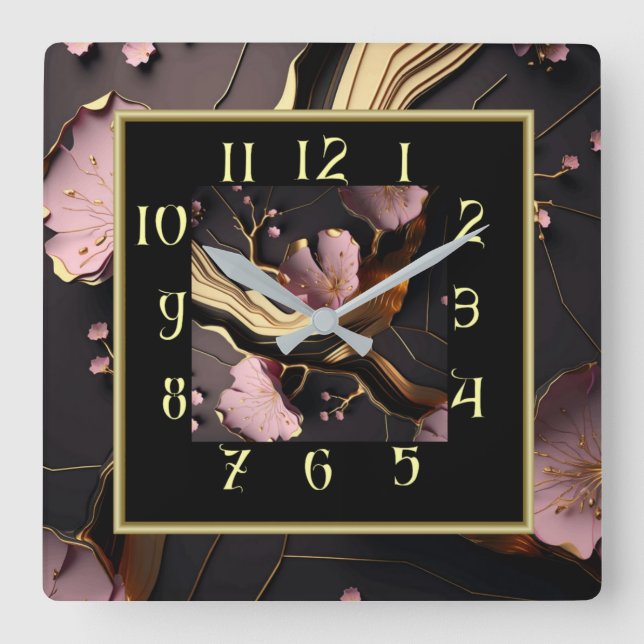 Reloj Cuadrado Decoración Art Decó de mármol rosa y negro (Anverso)