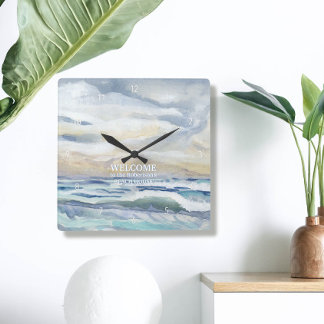 Reloj Cuadrado Decoración casera costera de Ocean Wave Watercolor