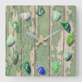 Reloj Cuadrado Decoración costera de cristal de playa Gris verde 