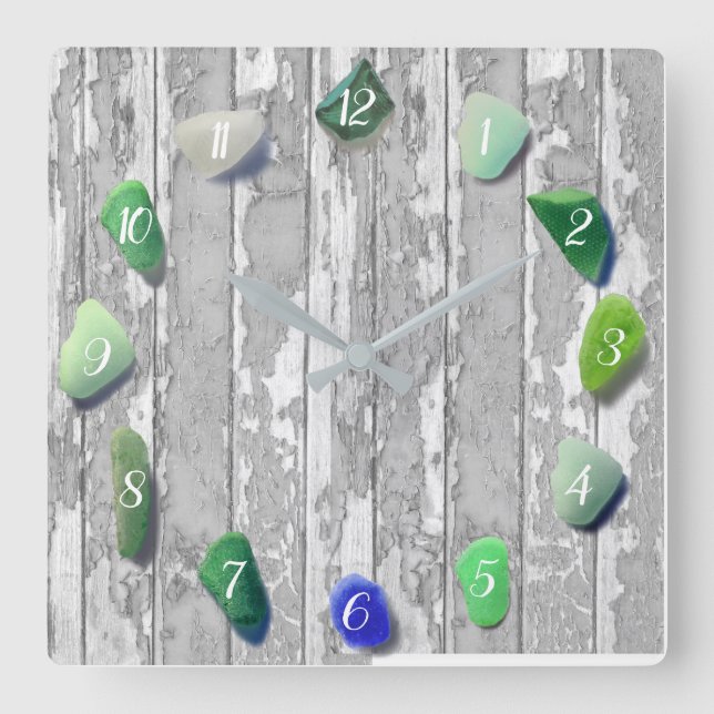 Reloj Cuadrado Decoración costera de cristal de playa Verde gris  (Anverso)