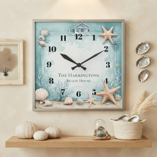 Reloj Cuadrado Decoración de estrella de mar de casa de playa con