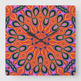 Reloj Cuadrado Decoración de hipster de Mandala Retro Naranja