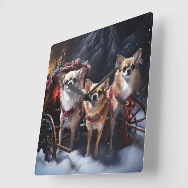 Reloj Cuadrado Decoración de los Navidades Chihuahua Snowy Sleigh (Ángulo)