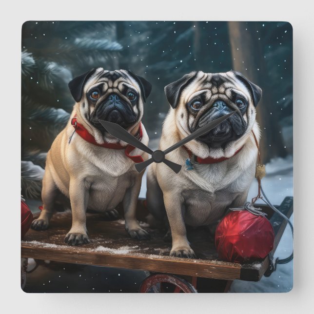 Reloj Cuadrado Decoración de los Navidades Pug Snowy Sleigh (Anverso)