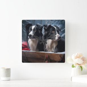 Reloj Cuadrado Decoración de Navidad de Border Collie nevado 