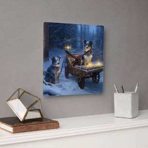 Reloj Cuadrado Decoración de Navidades de Blue Heeler Snowy Sleig