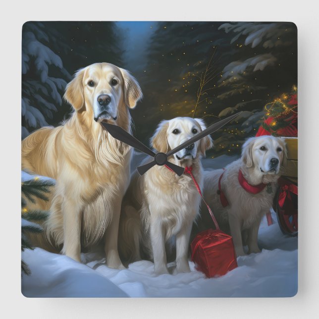 Reloj Cuadrado Decoración de Navidades Goldendoodle Snowy Sleigh (Anverso)