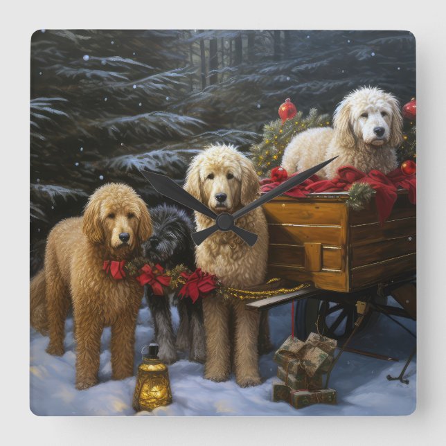 Reloj Cuadrado Decoración de Navidades Goldendoodle Snowy Sleigh (Anverso)