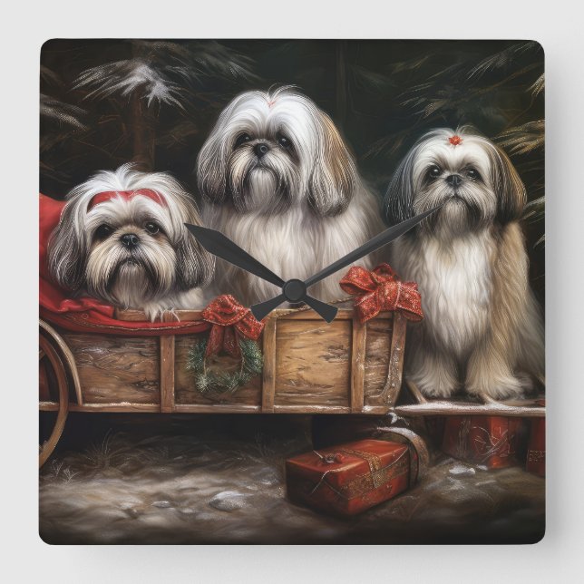 Reloj Cuadrado Decoración de Navidades Lhasa Apso Snowy Sleigh (Anverso)
