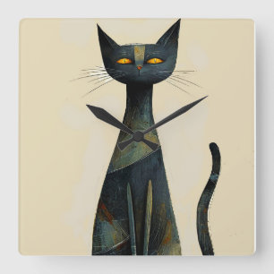 Reloj Cuadrado Decoración de pared de gato negro largo Divertido