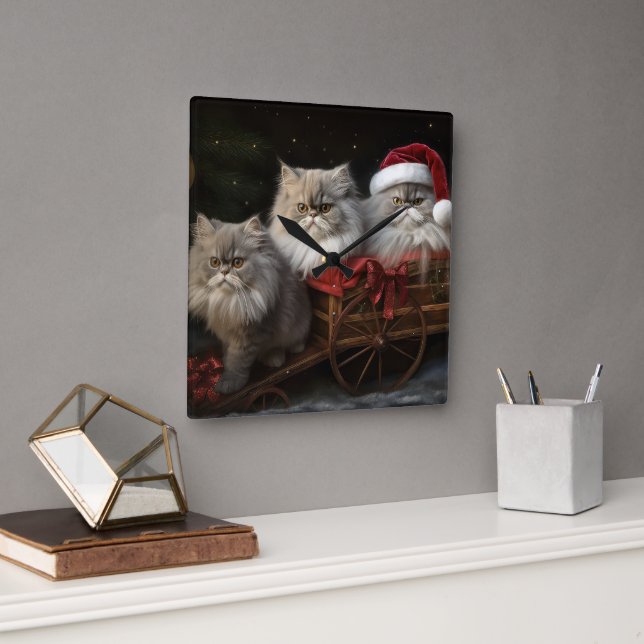Reloj Cuadrado Decoración de un gato persa con Navidades Snowy Sl (Oficina)