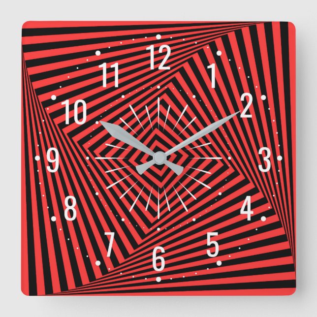 Reloj Cuadrado Decoración inusual en rojo y negro - Geométrico (Anverso)